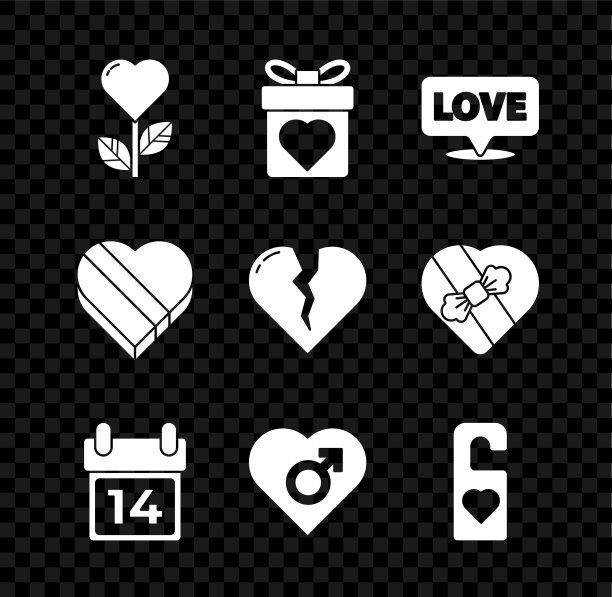 心形鲜花套装，心形礼盒，语音泡泡文字爱，日历2月14日，男，女，请勿打扰，糖果形状和破碎或离婚图标。向量图片下载