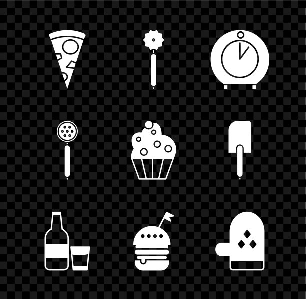 Set Slice of pizza, pizza knife, Kitchen timer, Glass bottle with milk and Glass, Burger, Oven glove，过滤网勺和Cupcake icon。向量图片下载
