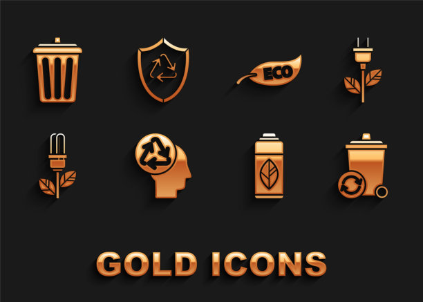 设置人的头与回收，电动插头在叶子，回收箱符号，回收塑料瓶，灯泡，叶子Eco，垃圾桶和内部盾牌图标。向量图片下载