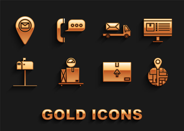 Set Scale with cardboard box, Computer monitor app delivery tracking，， cardboard traffic symbol, Open mail, Post truck, Placeholder map paper and Telephone speech bubble chat icon。向量图片下载