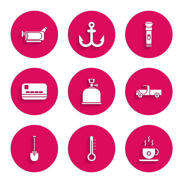 集野营煤气炉，气象温度计，咖啡杯，皮卡卡车，铲子，信用卡，手电筒和电影摄像机图标。向量图片下载