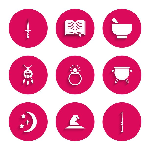 设置魔法石戒指与宝石，女巫帽子，魔杖，大锅，月亮星星，捕梦网羽毛，臼杵和匕首图标。向量图片下载