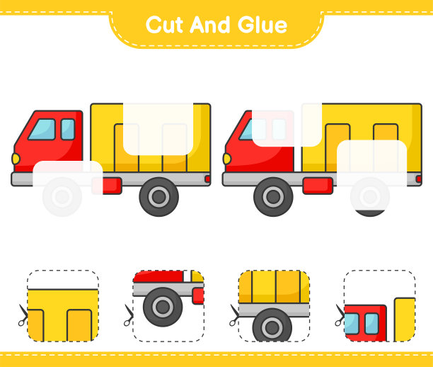 切下来粘上，把卡车的一部分切下来粘上。教育儿童游戏，可打印的工作表，矢量插图图片下载
