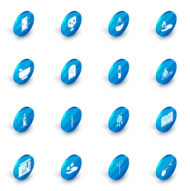 Set Skull, Bottle with love potion, Hand holding a fire, Magic mortar舂杵，Burning candle candle, Ghost, Witch cauldron Magic stone and icon。向量图片下载