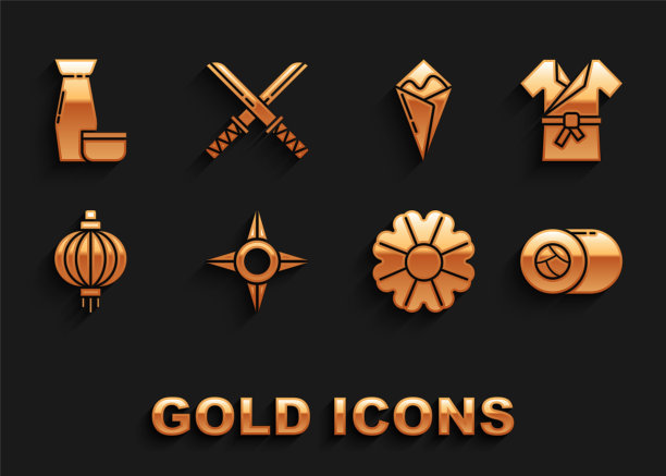 集日本忍者飞镖，服装和服，寿司，花，纸灯笼，Temaki卷，传统茶道和武士刀图标。向量图片下载