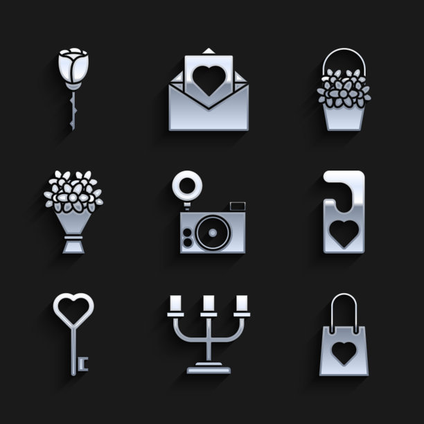 套装相机，烛台，心形购物袋，请勿打扰，钥匙形状，花束，花篮，玫瑰图标。向量图片下载