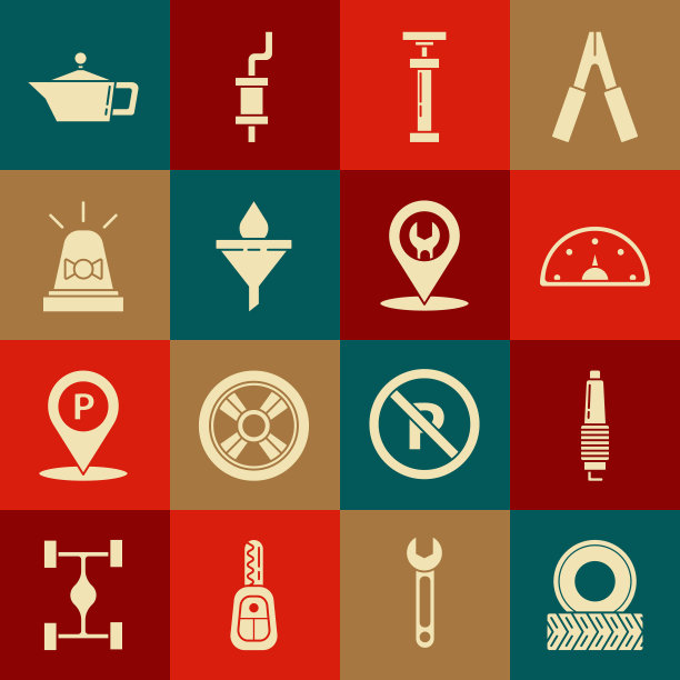 设置汽车车轮，火花塞，速度表，漏斗或过滤器和电机油滴，闪光警报器，机器和服务图标。向量图片下载