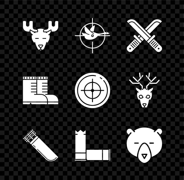 设置麋鹿的头与角，狩猎在鸭子十字准星，交叉猎人刀，箭筒，子弹，熊，猎人的靴子和目标运动射击比赛图标。向量图片下载