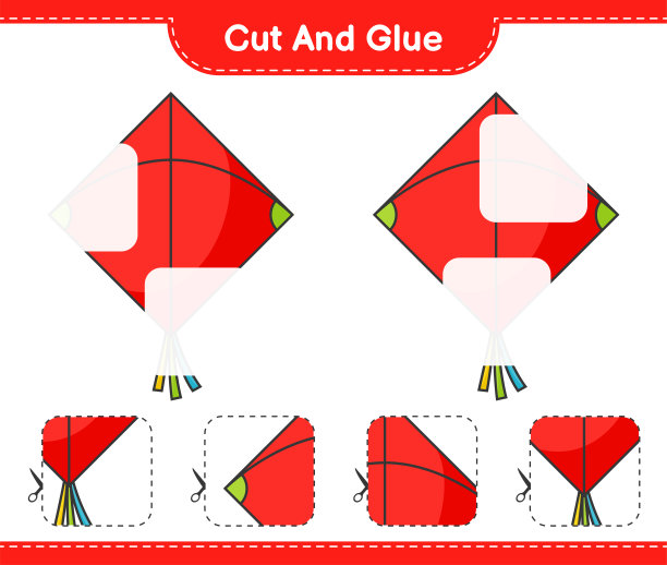 剪切和胶水，切风筝的部分，并胶水。教育儿童游戏，可打印的工作表，矢量插图图片下载