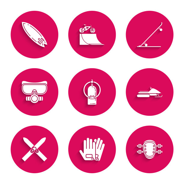 集潜水器，手套，护膝，雪地摩托，滑雪和手杖，潜水面具，滑板和冲浪板图标。向量图片下载