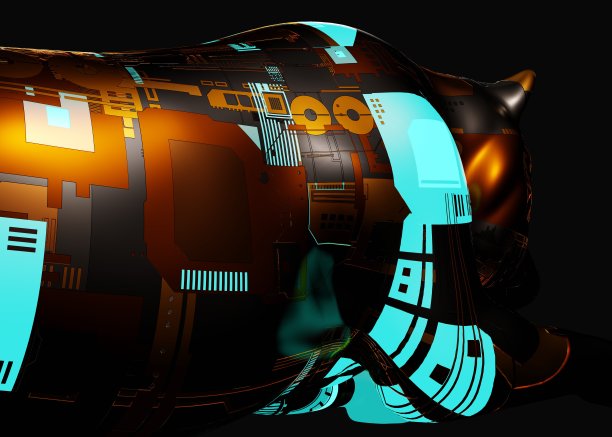 3d渲染的未来机械虎在一个黑暗的黑色背景与繁荣的效果图片下载