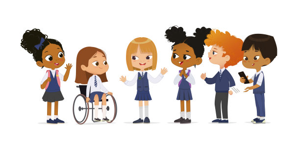 可爱多样的小学生穿着校服矢量平面插图。坐在轮椅上的快乐小女孩在多元种族全纳教育班向朋友们打招呼，孤独地微笑在一起图片下载