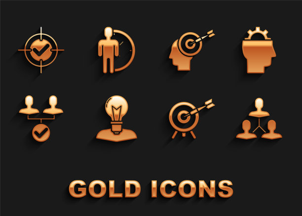 设置人头与灯泡，齿轮内，项目团队基地，目标箭头，头部狩猎概念，检查标记和时间管理图标。向量图片下载