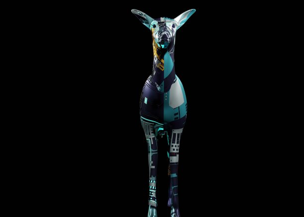 在黑色背景下发光的科幻机器人鹿的3d渲染图图片下载