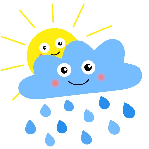 一套蓝色的云雨滴图标。一个微笑的云。松软的云遮住了太阳。可爱卡通卡哇伊云景。一个爱情的名片。多云天气的标志。平面设计。图片下载