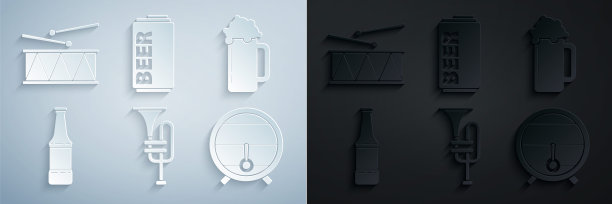 集乐器喇叭，啤酒杯，啤酒瓶，木桶架上的盖子，罐头和鼓和鼓棒图标。向量图片下载