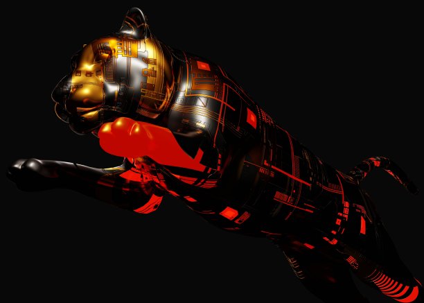 3d渲染的未来机械虎在一个黑暗的黑色背景与繁荣的效果图片下载