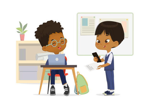 微笑的跨国小学同学在教室里交谈矢量平面插图。快乐的男生穿着校服在课堂上用笔记本电脑、智能手机和纸写作业图片下载