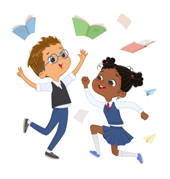 孩子们快乐多样，同学们穿着校服跳跃，周围是飞行的书本和笔记本矢量平面插图。可爱有趣的多种族男学生和女学生享受假期孤立图片下载