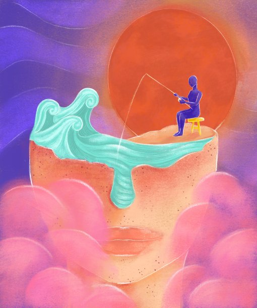 正面视图的半边脸之间的云与一个人的剪影钓鱼在海洋的心灵插图图片下载