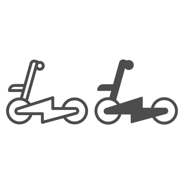 电动滑板车与闪电线和固体图标，电动交通概念，闪电自行车矢量标志在白色背景，轮廓风格图标的移动概念和网页设计。矢量图形。图片下载