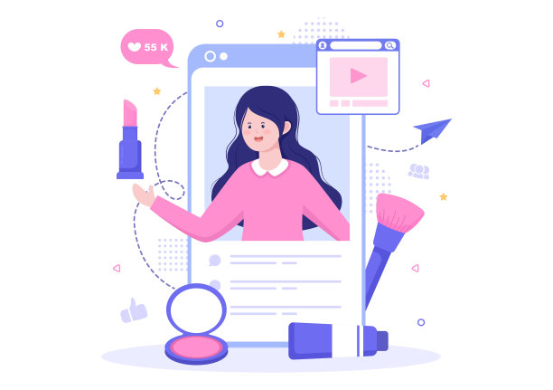 美容博主内容创作者录制化妆教程视频和展示化妆产品矢量插图的背景图片下载