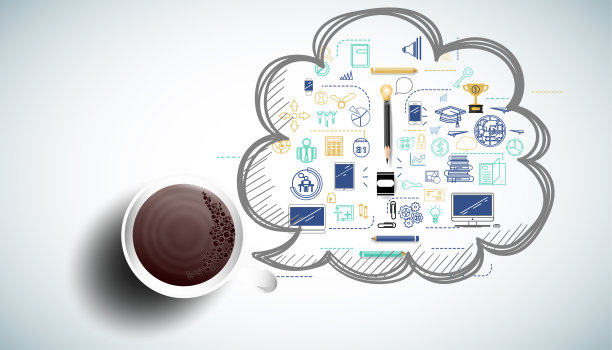 咖啡杯成功与计划，思考，搜索，分析，沟通，未来的想法，创新技术现代。矢量图片下载