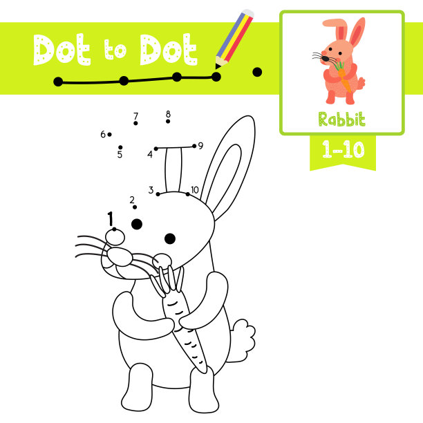 点对点教育游戏和图画书粉红色兔子手持胡萝卜动物卡通人物矢量插图图片下载