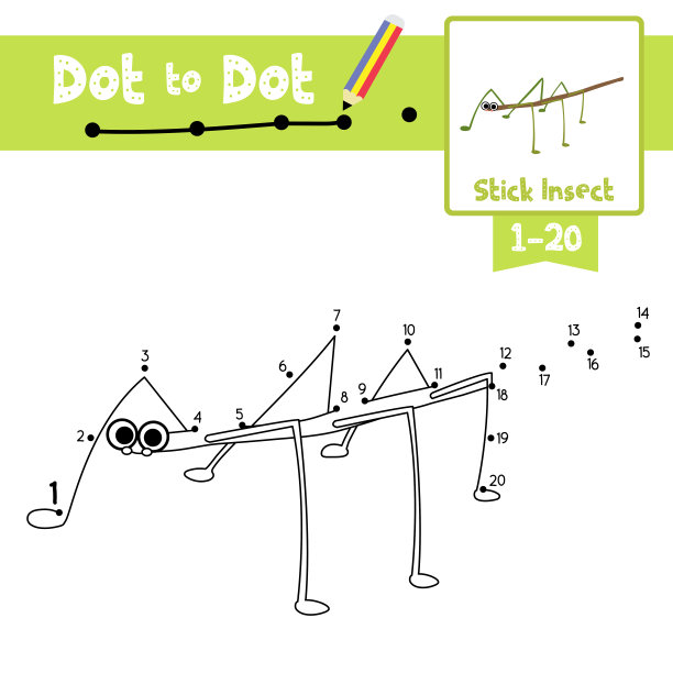 点对点教育游戏和涂色书棍昆虫动物卡通人物矢量插图图片下载