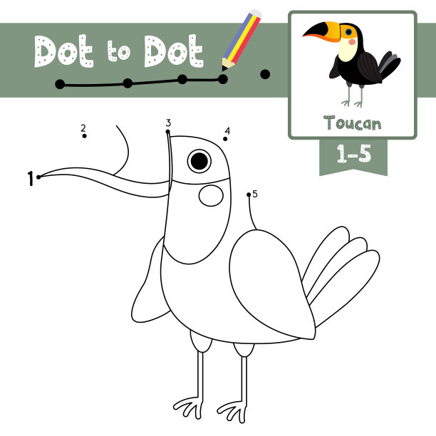 点对点教育游戏和图画书站巨嘴鸟动物卡通人物矢量插图图片下载