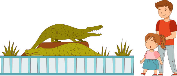 快乐的小女孩和爸爸一起看着鳄鱼图片下载
