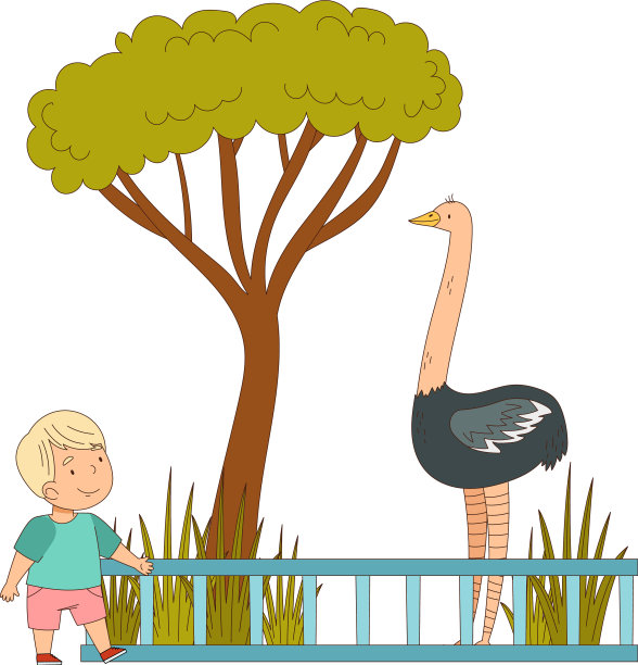 快乐的小男孩看着身后的鸵鸟图片下载