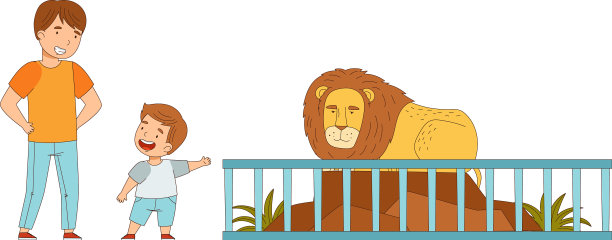 男人爸爸带着儿子看狮子坐着图片下载