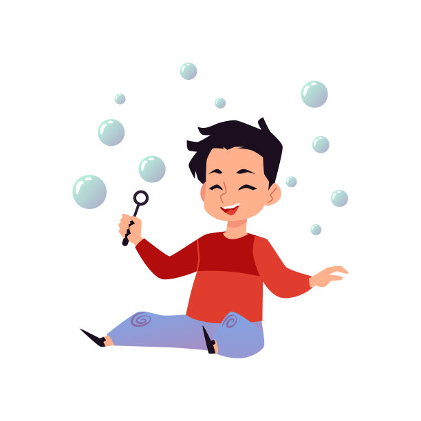 可爱的男孩吹和玩飞行的肥皂泡矢量插图。图片下载