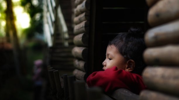 一个孩子向木窗外看图片下载