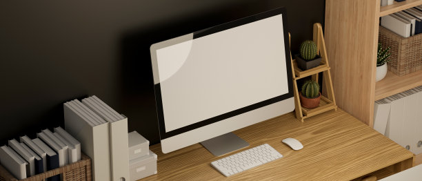 时尚的家庭工作区模型在最小的当代室内，电脑白色屏幕模型，3d渲染图片下载