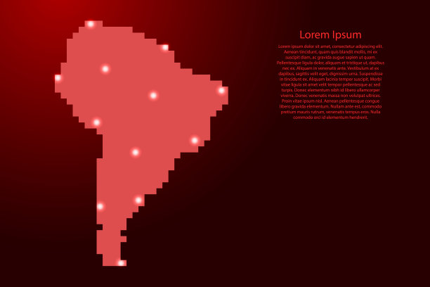 南美洲地图剪影从红色方块像素和发光的星星。矢量插图。图片下载