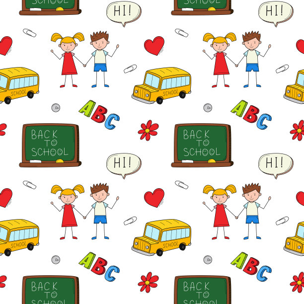 一个简单的学校无缝的模式，一个黑板，一辆校车，孩子。背景与孤立的手绘彩色涂鸦元素。矢量插图。图片下载