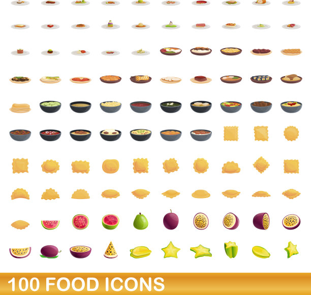 100个食物图标设定卡通风格图片下载