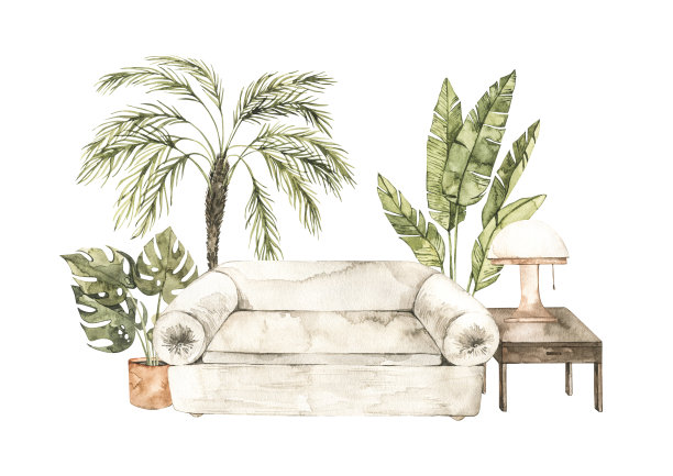现代室内的水彩插图，沙发，盆栽，桌子和灯。热带氛围。家居装饰预制构图。完美的海报，印刷品，杂志，卡片图片下载