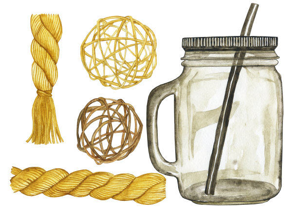 泥瓦匠罐、藤球和绳子孤立在白色背景上。水彩手绘插图。完美的海报，舒适的家居设计，食品设计。剪辑艺术。图片下载