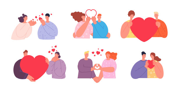 人给的爱。人们相爱，男人欣赏女人。孤立的慈善帮助、支持或关系。朋友捧心在手，绝对矢量集图片下载