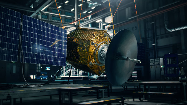 在黑暗的航天技术制造设施中建造的卫星。空间探索、导航、通信、互联网通信、观测等航天器的研制。图片下载