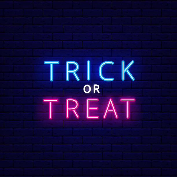 不给糖就捣蛋的霓虹灯铭文。万圣节快乐横幅。夜晚明亮的招牌。分离矢量图例图片下载