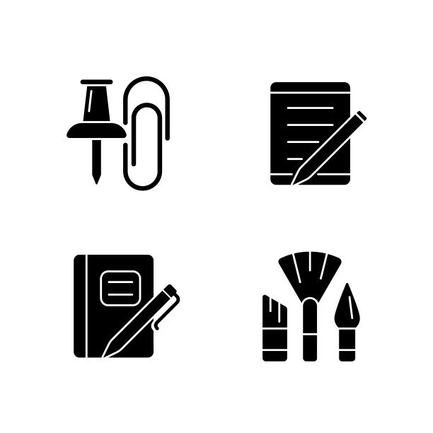 学校文具黑色字形图标设置在空白图片下载