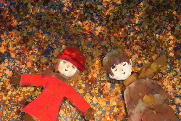 数字艺术绘画组的男孩和女孩在秋天的森林。图片下载