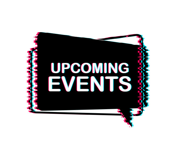 即将到来的事件写在演讲泡沫上。故障图标。广告的迹象。矢量插图。图片下载