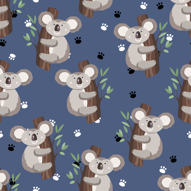 无缝模式与可爱的考拉宝宝和足迹的颜色背景。有趣的澳大利亚动物。卡片，给孩子们的明信片。为织物，纺织品，墙纸，海报，纸的平面矢量插图图片下载