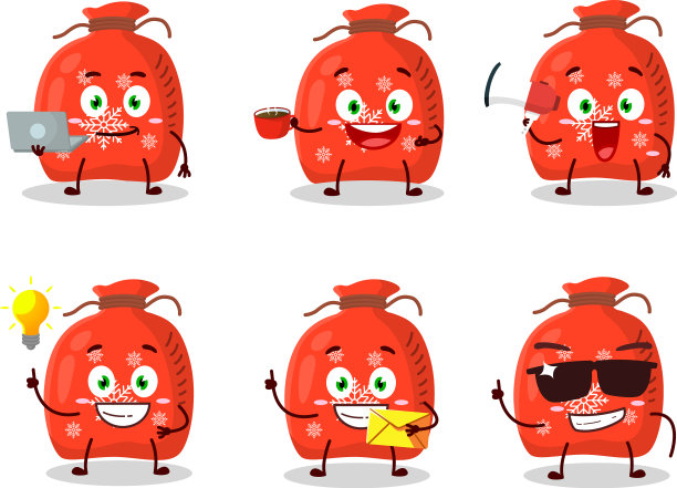 红色的圣诞老人包里有各种各样的卡通人物图片下载