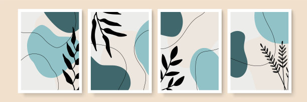 那种波西米亚风格的海报。植物墙艺术向量集。波西米亚树叶线艺术与抽象的形状。抽象植物艺术设计的印刷，封面，墙纸图片下载